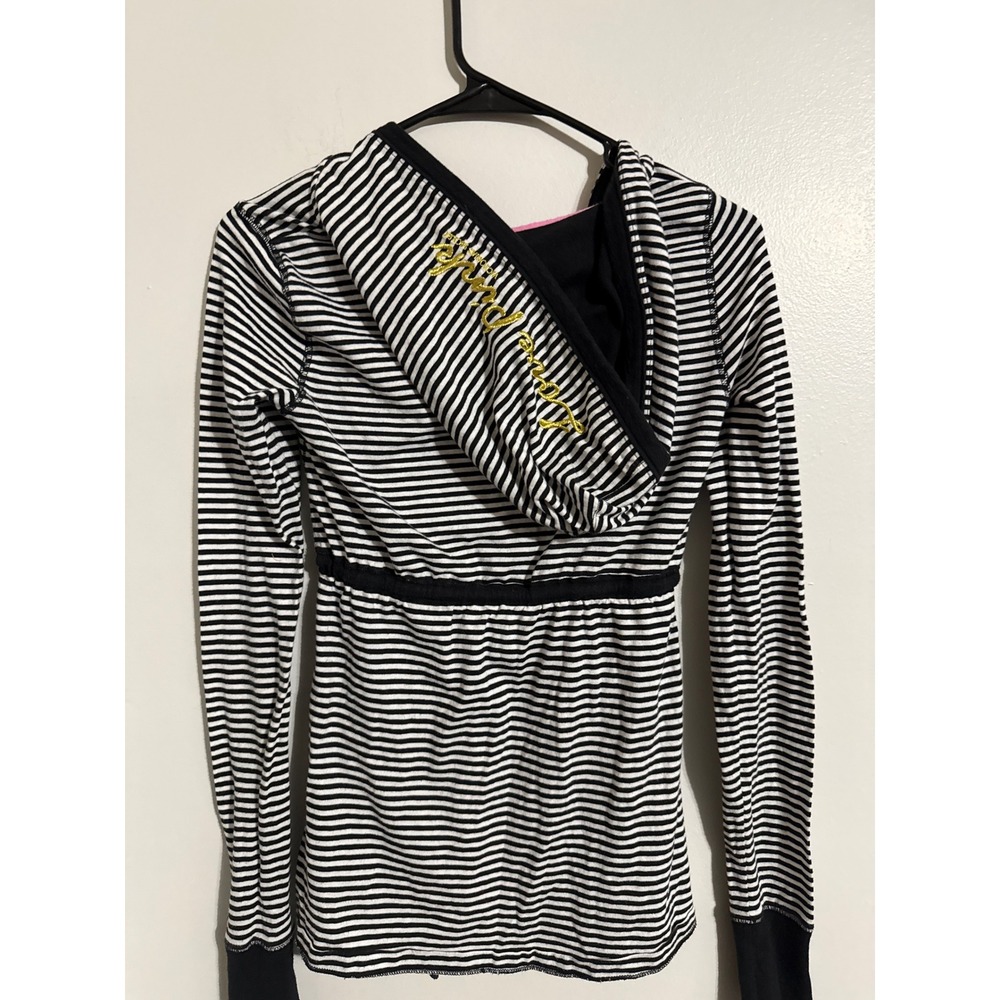 Victorias Secret PINK Striped Hooded Top Black White V-Neck Empire Waist Small - Picture 6 of 7